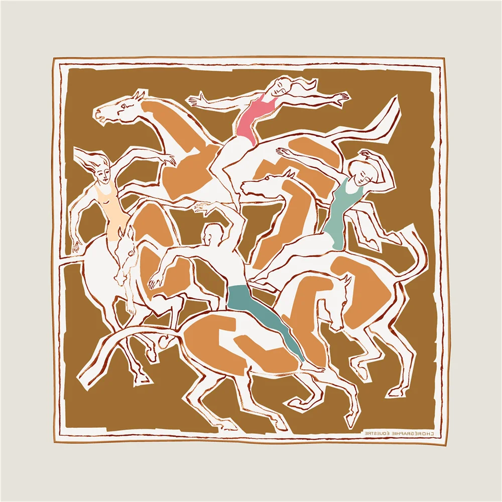 POBING Hand Rolled Twill Silk Scarf Women Horse Dancer Double Side Print Square Scarves Wraps Echarpes Foulards Femme Hijab 90CM