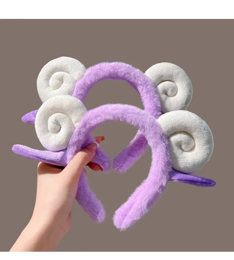 1pc Cute Fashion Cartoon Plush Sheep Horn Headband Women Wash Face Hair Hoop Headwear Girls Kid Hairband Headdress Accessories