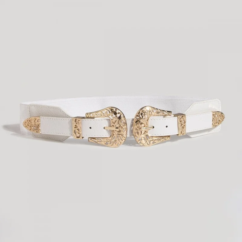Retro Carved Hollow Double Buckle Wide Elastic Waist Belt Women's Fashion Accessory Versatile Belted Waist Seal