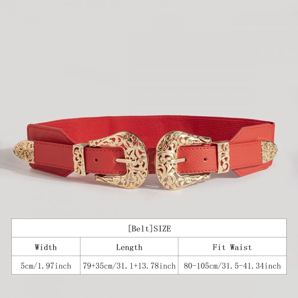 Retro Carved Hollow Double Buckle Wide Elastic Waist Belt Women's Fashion Accessory Versatile Belted Waist Seal