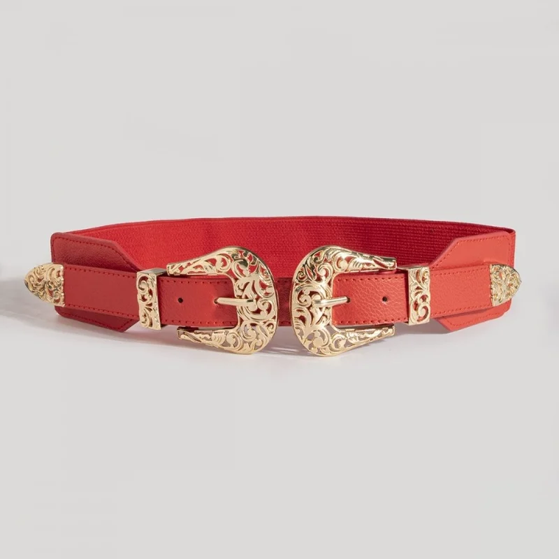 Retro Carved Hollow Double Buckle Wide Elastic Waist Belt Women's Fashion Accessory Versatile Belted Waist Seal
