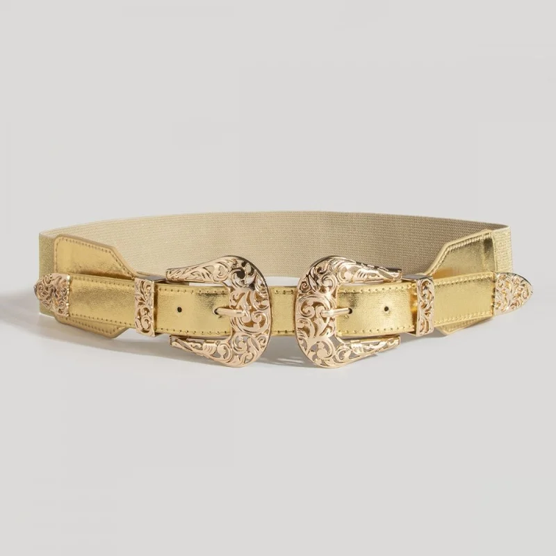 Retro Carved Hollow Double Buckle Wide Elastic Waist Belt Women's Fashion Accessory Versatile Belted Waist Seal