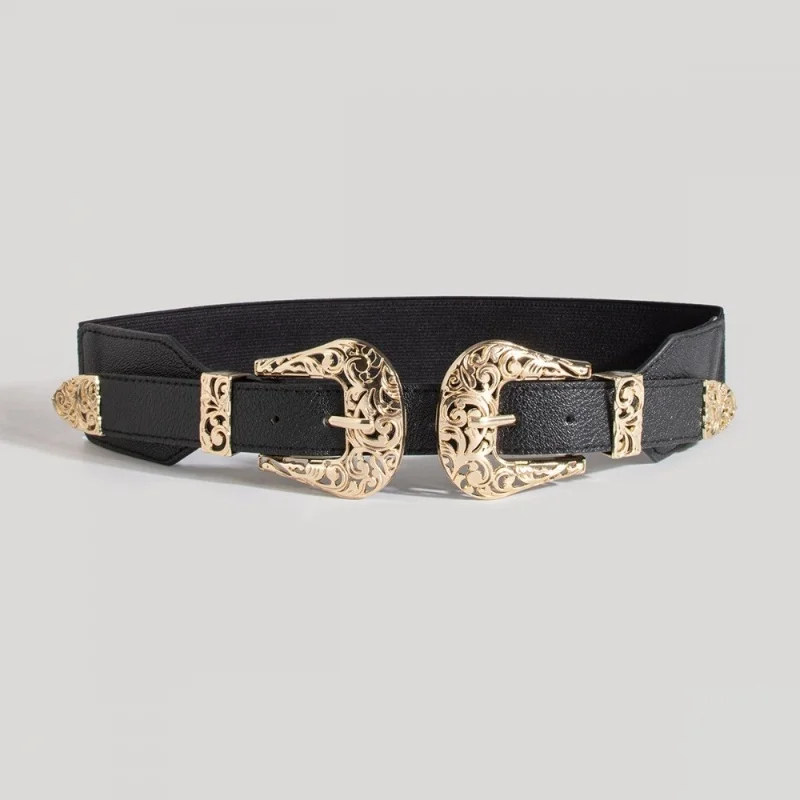 Retro Carved Hollow Double Buckle Wide Elastic Waist Belt Women's Fashion Accessory Versatile Belted Waist Seal