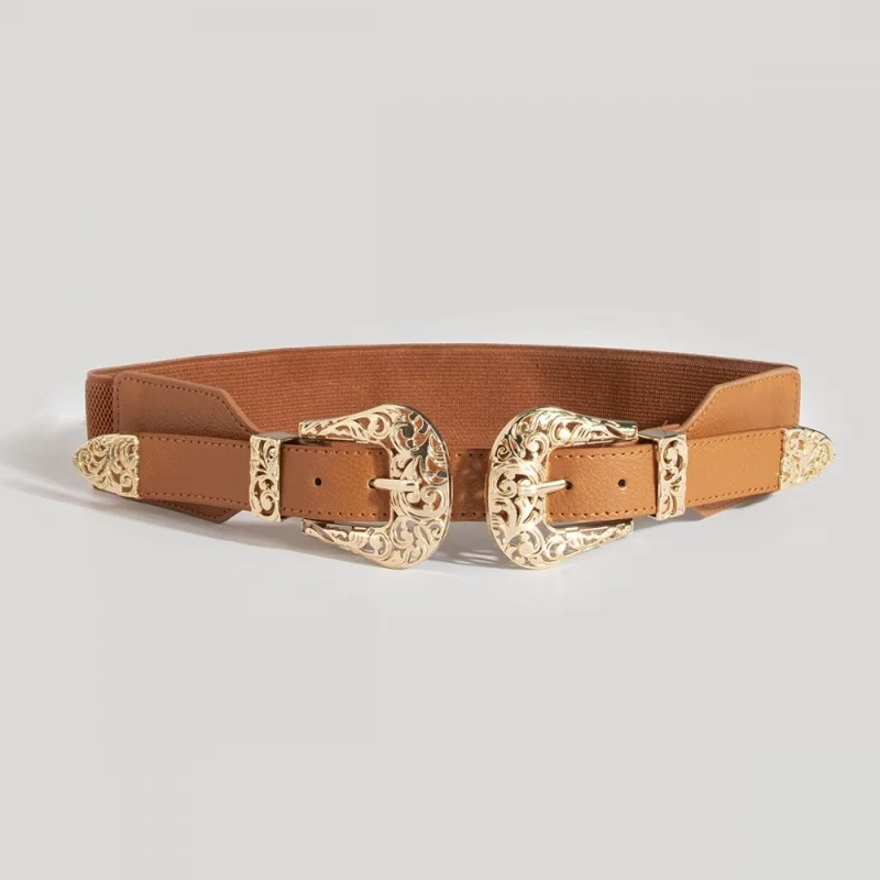 Retro Carved Hollow Double Buckle Wide Elastic Waist Belt Women's Fashion Accessory Versatile Belted Waist Seal