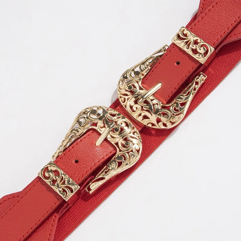 Retro Carved Hollow Double Buckle Wide Elastic Waist Belt Women's Fashion Accessory Versatile Belted Waist Seal