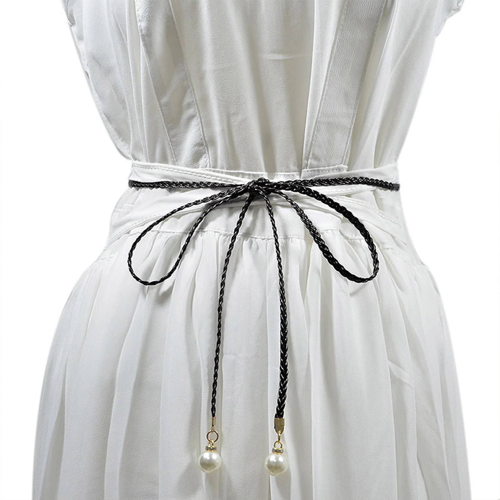 Fashion Adjustable Waist Belt Slim Waist Braided Design Belt with Pearl Buckle for Woman and Girls Dresses up Accessories 140cm