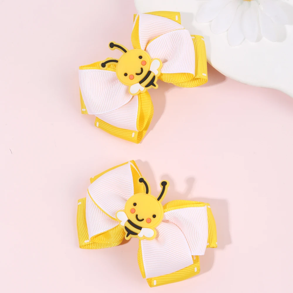 2Pcs Cartoon Bee Hair Clips Cute honeybee Ribbon Bow Kids Schools Hairpin Accessories For Children Girls Barrettes Headwear