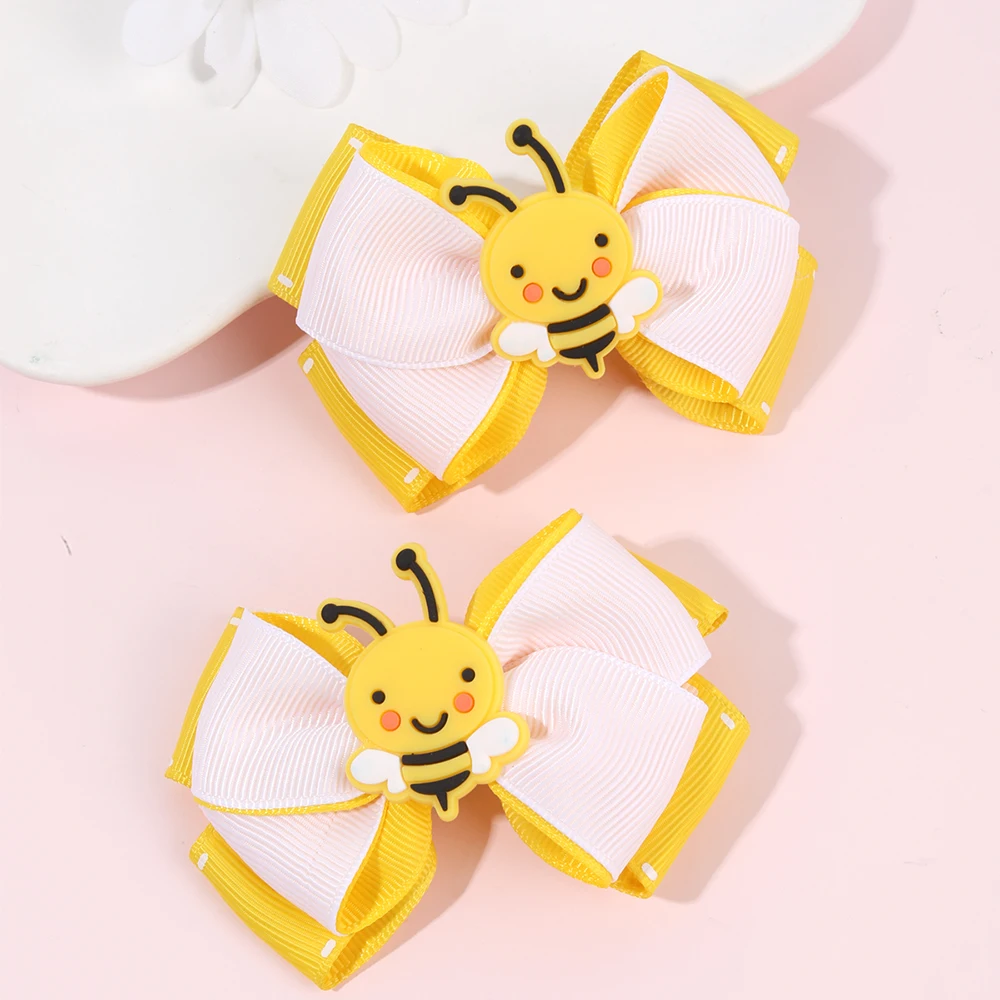 2Pcs Cartoon Bee Hair Clips Cute honeybee Ribbon Bow Kids Schools Hairpin Accessories For Children Girls Barrettes Headwear