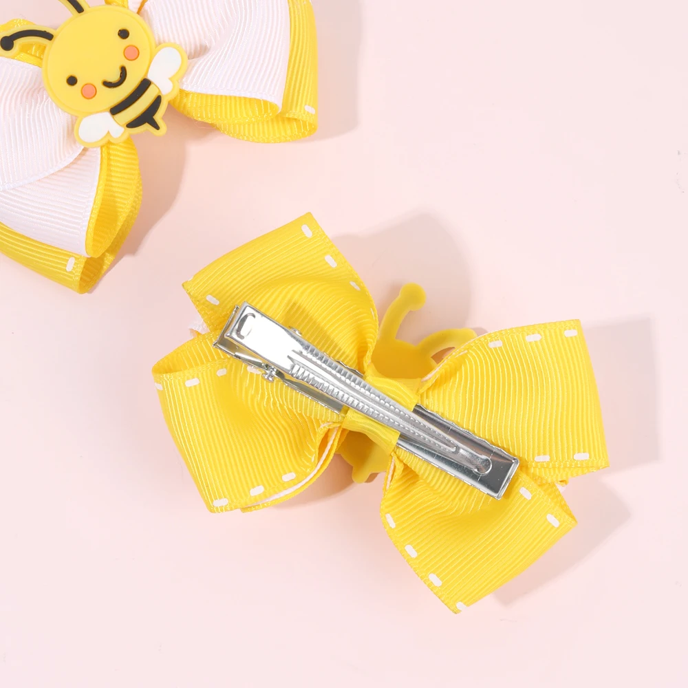2Pcs Cartoon Bee Hair Clips Cute honeybee Ribbon Bow Kids Schools Hairpin Accessories For Children Girls Barrettes Headwear