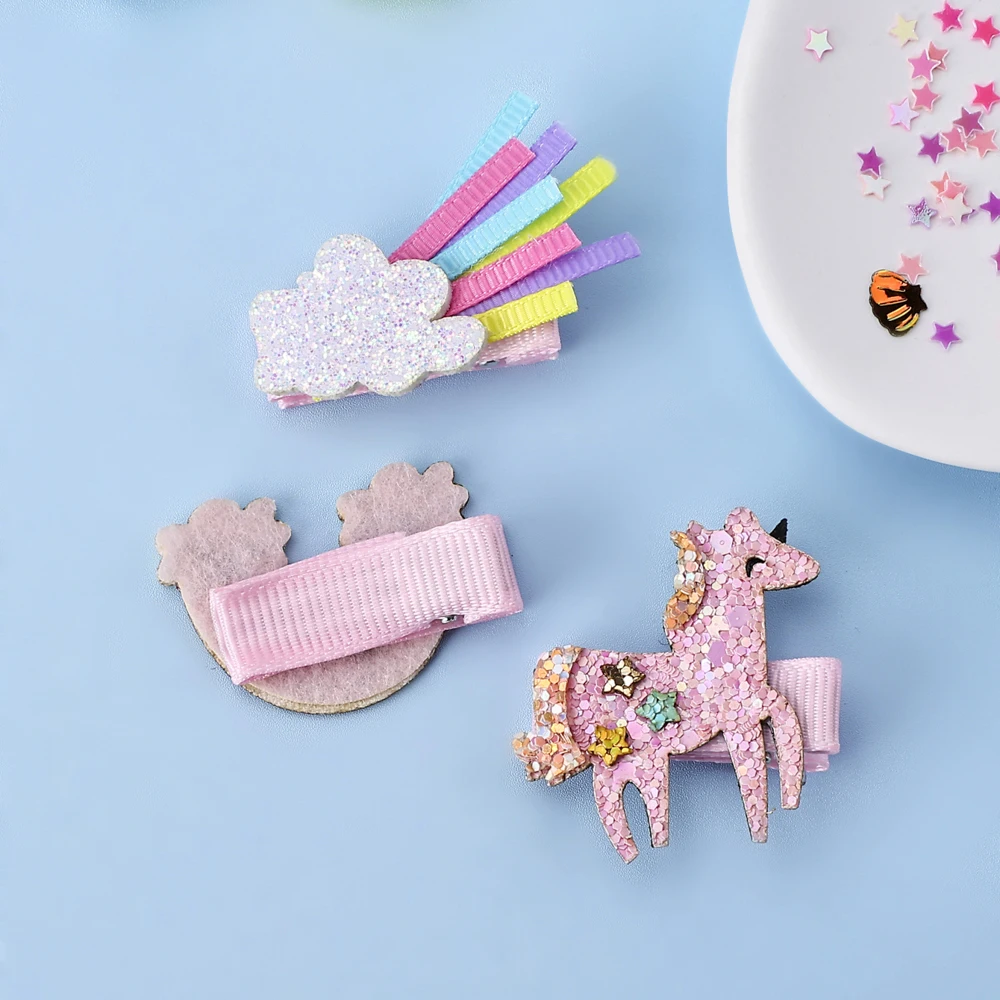3Pcs Glitter Hair Clips Baby Girl Colourful Pink Rainbow Clouds Unicorn Handmade Barrettes School Headwear Hair Accessories