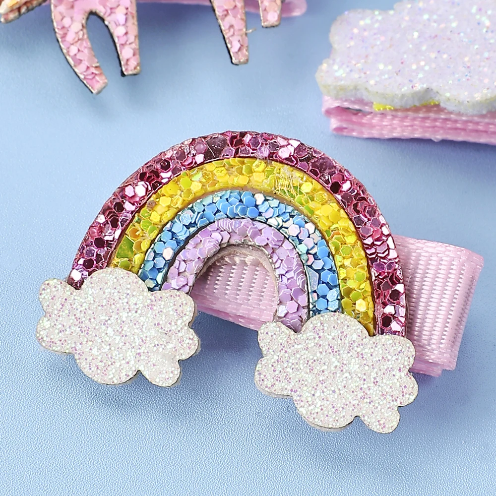 3Pcs Glitter Hair Clips Baby Girl Colourful Pink Rainbow Clouds Unicorn Handmade Barrettes School Headwear Hair Accessories