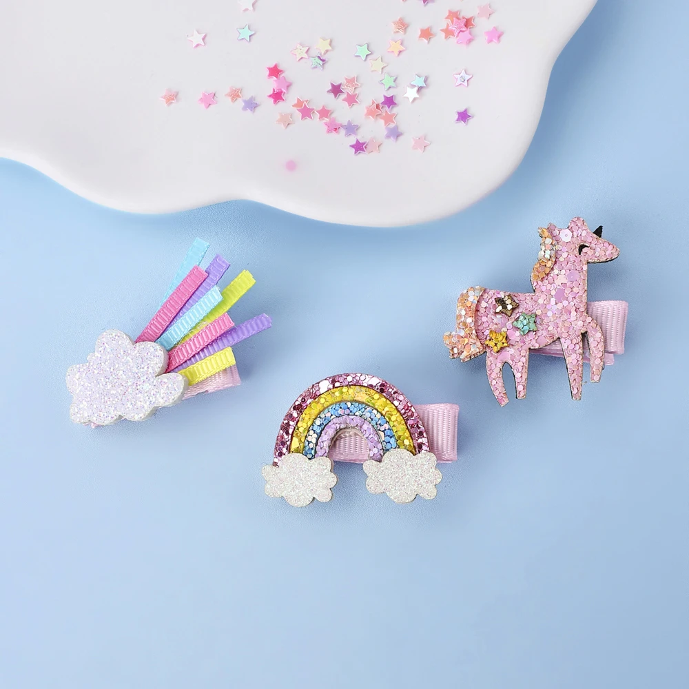 3Pcs Glitter Hair Clips Baby Girl Colourful Pink Rainbow Clouds Unicorn Handmade Barrettes School Headwear Hair Accessories