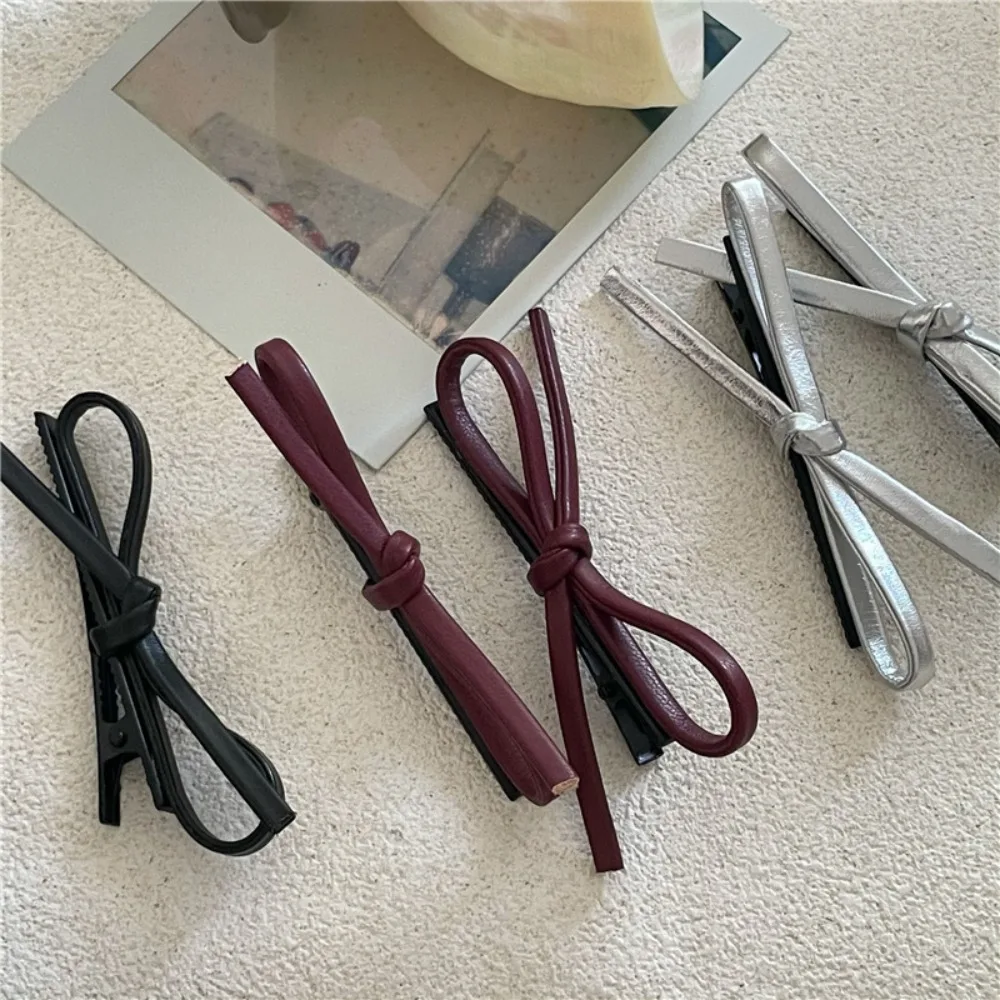 2PCS PU Leather Bow Hairpin Hair Clip Fashion Design Personality Delicate Korea Sweet Cool Y2K Girls Bobby Pin Hair Accessories