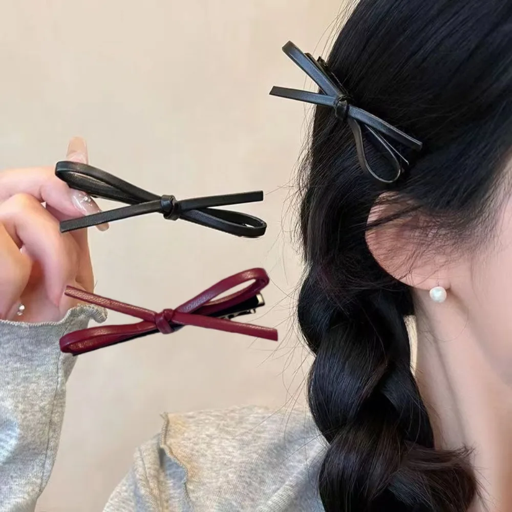2PCS PU Leather Bow Hairpin Hair Clip Fashion Design Personality Delicate Korea Sweet Cool Y2K Girls Bobby Pin Hair Accessories