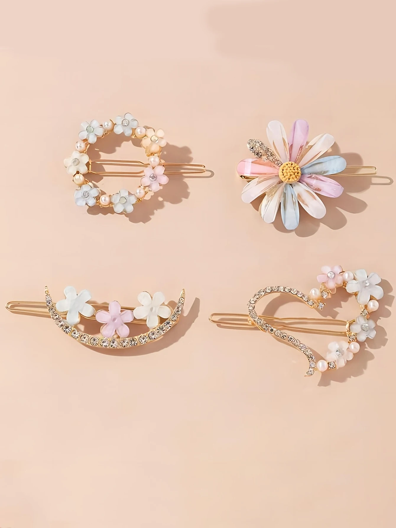 4pcs/set Fashion Exqusite Crystal Flower Heart Hair Clips Hairpins For Women Girls Party Ponytail Side Headwear Hair Accessories