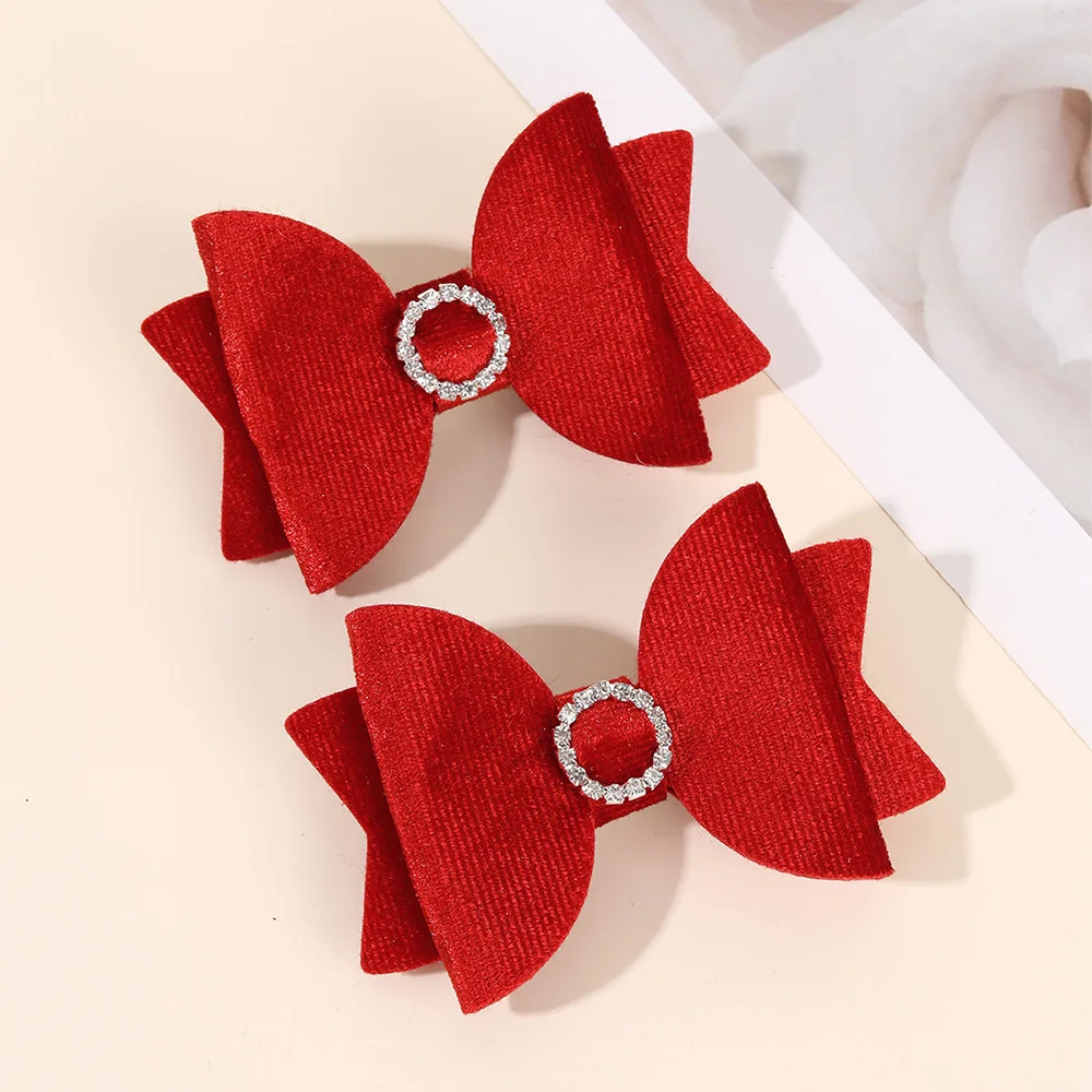 2Pcs Fashion Velvet Bow Hairpin Rhinestone Clips Volume tongs Double Braids Barrettes For Women Girls Accessories Headdresses