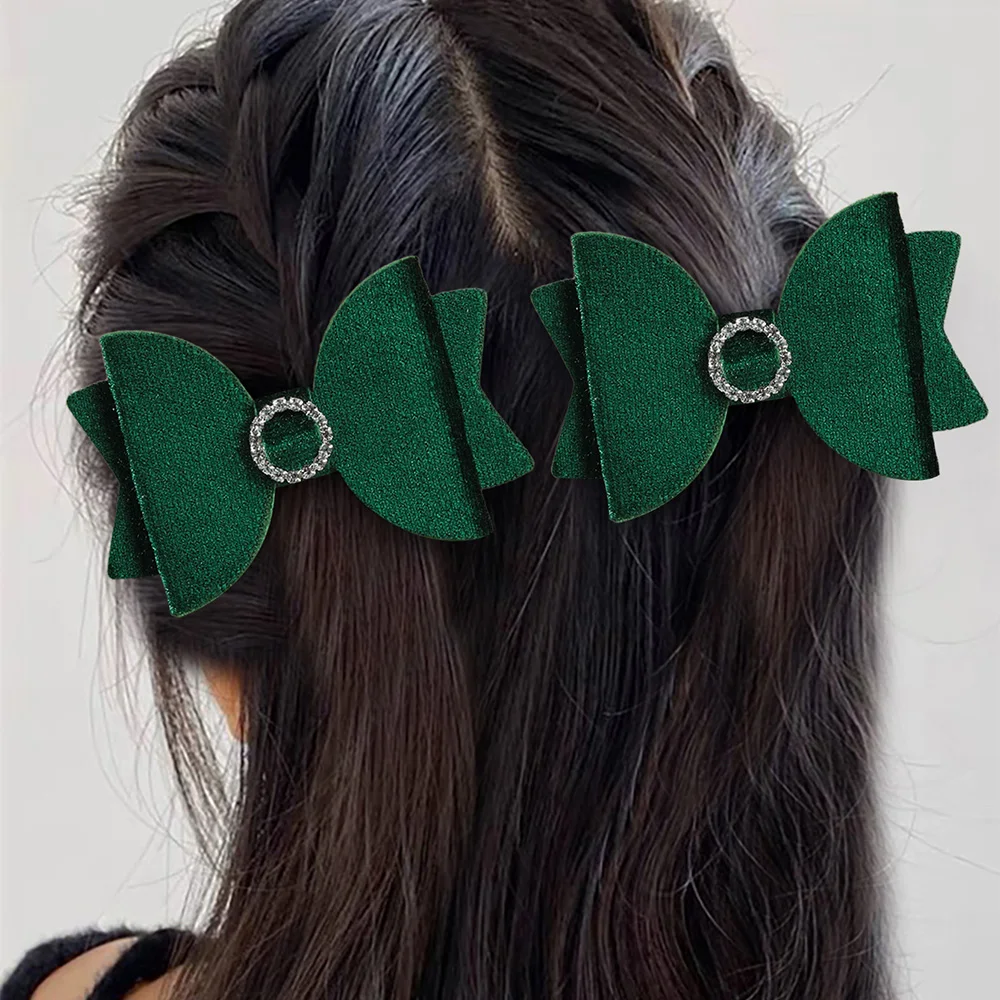 2Pcs Fashion Velvet Bow Hairpin Rhinestone Clips Volume tongs Double Braids Barrettes For Women Girls Accessories Headdresses