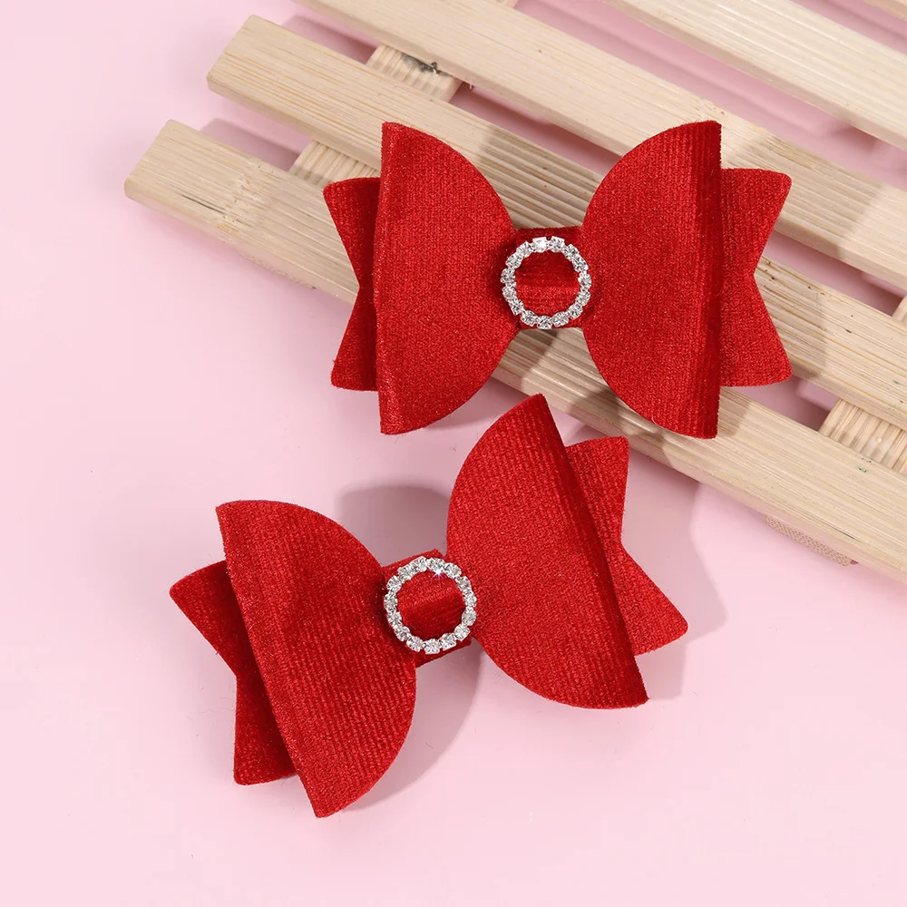2Pcs Fashion Velvet Bow Hairpin Rhinestone Clips Volume tongs Double Braids Barrettes For Women Girls Accessories Headdresses