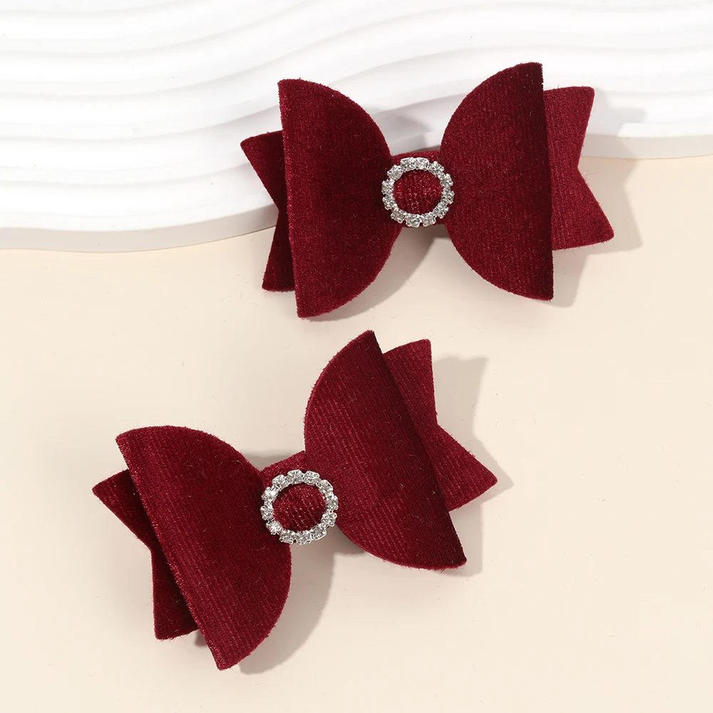 2Pcs Fashion Velvet Bow Hairpin Rhinestone Clips Volume tongs Double Braids Barrettes For Women Girls Accessories Headdresses
