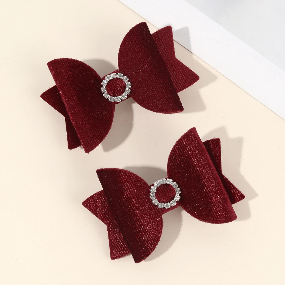 2Pcs Fashion Velvet Bow Hairpin Rhinestone Clips Volume tongs Double Braids Barrettes For Women Girls Accessories Headdresses