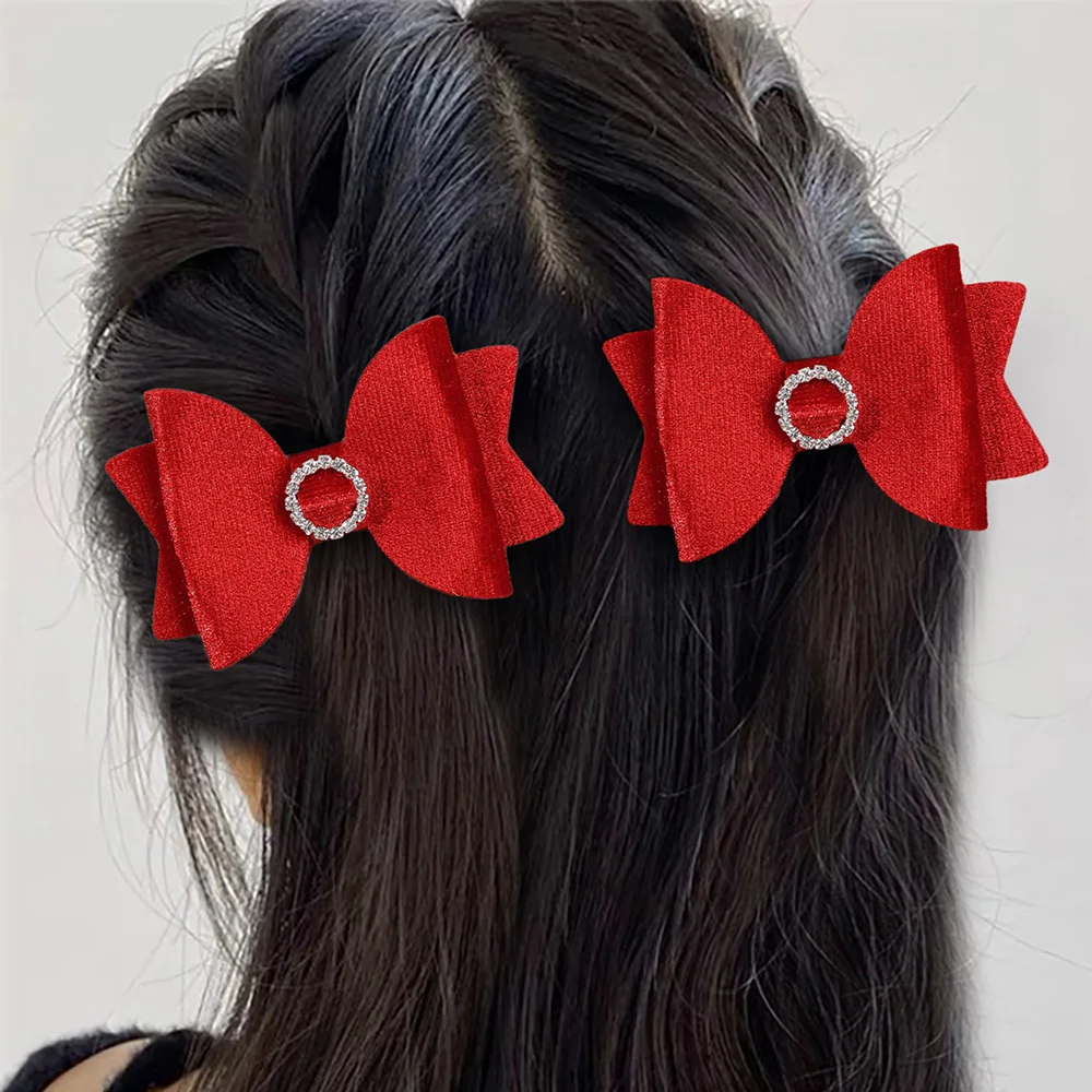 2Pcs Fashion Velvet Bow Hairpin Rhinestone Clips Volume tongs Double Braids Barrettes For Women Girls Accessories Headdresses