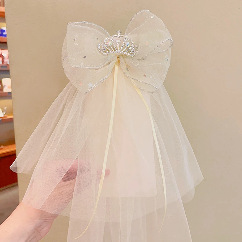 Children's Veil Girls Crown Bow Barrettes Little Princess Stereo Light Diamond Head Clip Birthday Photo Hair Clip Headdress