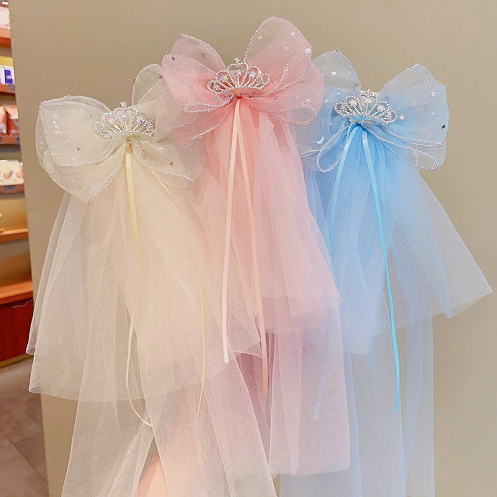 Children's Veil Girls Crown Bow Barrettes Little Princess Stereo Light Diamond Head Clip Birthday Photo Hair Clip Headdress
