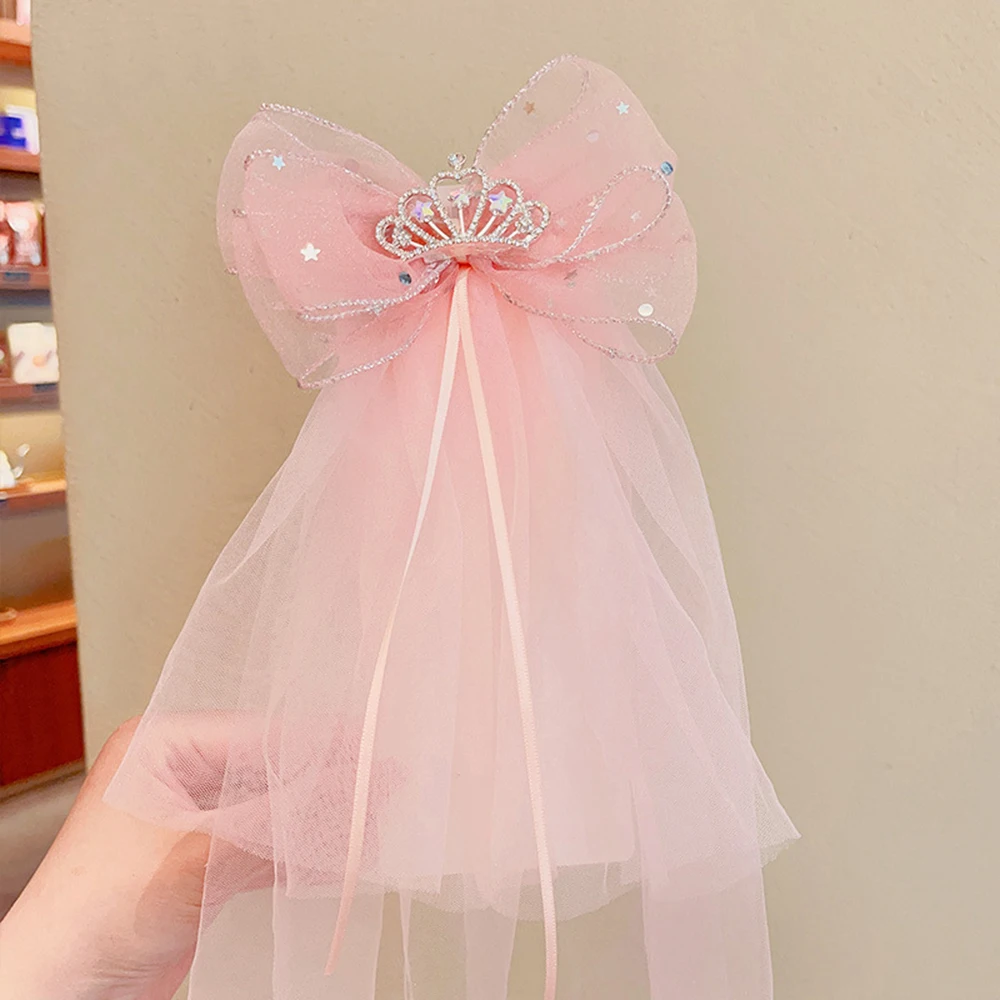 Children's Veil Girls Crown Bow Barrettes Little Princess Stereo Light Diamond Head Clip Birthday Photo Hair Clip Headdress