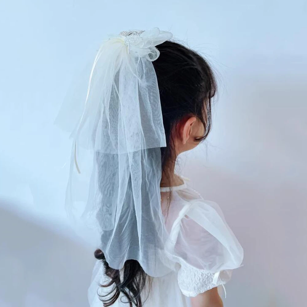 Children's Veil Girls Crown Bow Barrettes Little Princess Stereo Light Diamond Head Clip Birthday Photo Hair Clip Headdress