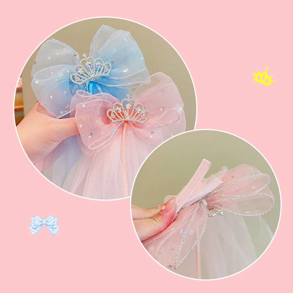 Children's Veil Girls Crown Bow Barrettes Little Princess Stereo Light Diamond Head Clip Birthday Photo Hair Clip Headdress
