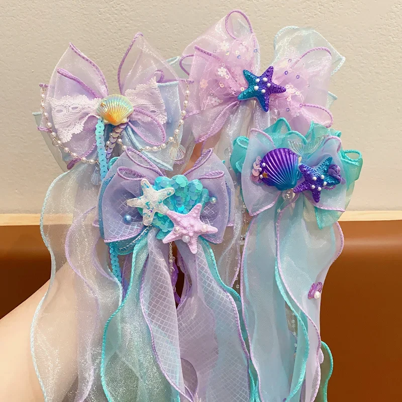 Mermaid Long Ribbon Pearl Hair Clip for Kids Cute Daily Wear Ponytail Clip Fashion Girl Photograph Haripin Hair Accessories