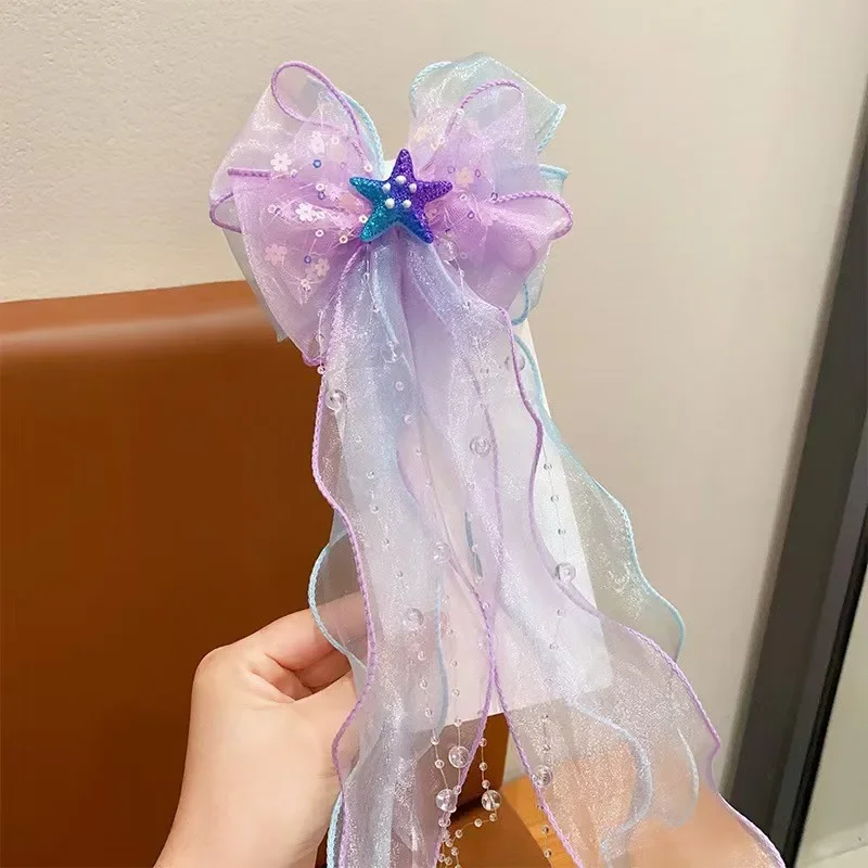 Mermaid Long Ribbon Pearl Hair Clip for Kids Cute Daily Wear Ponytail Clip Fashion Girl Photograph Haripin Hair Accessories