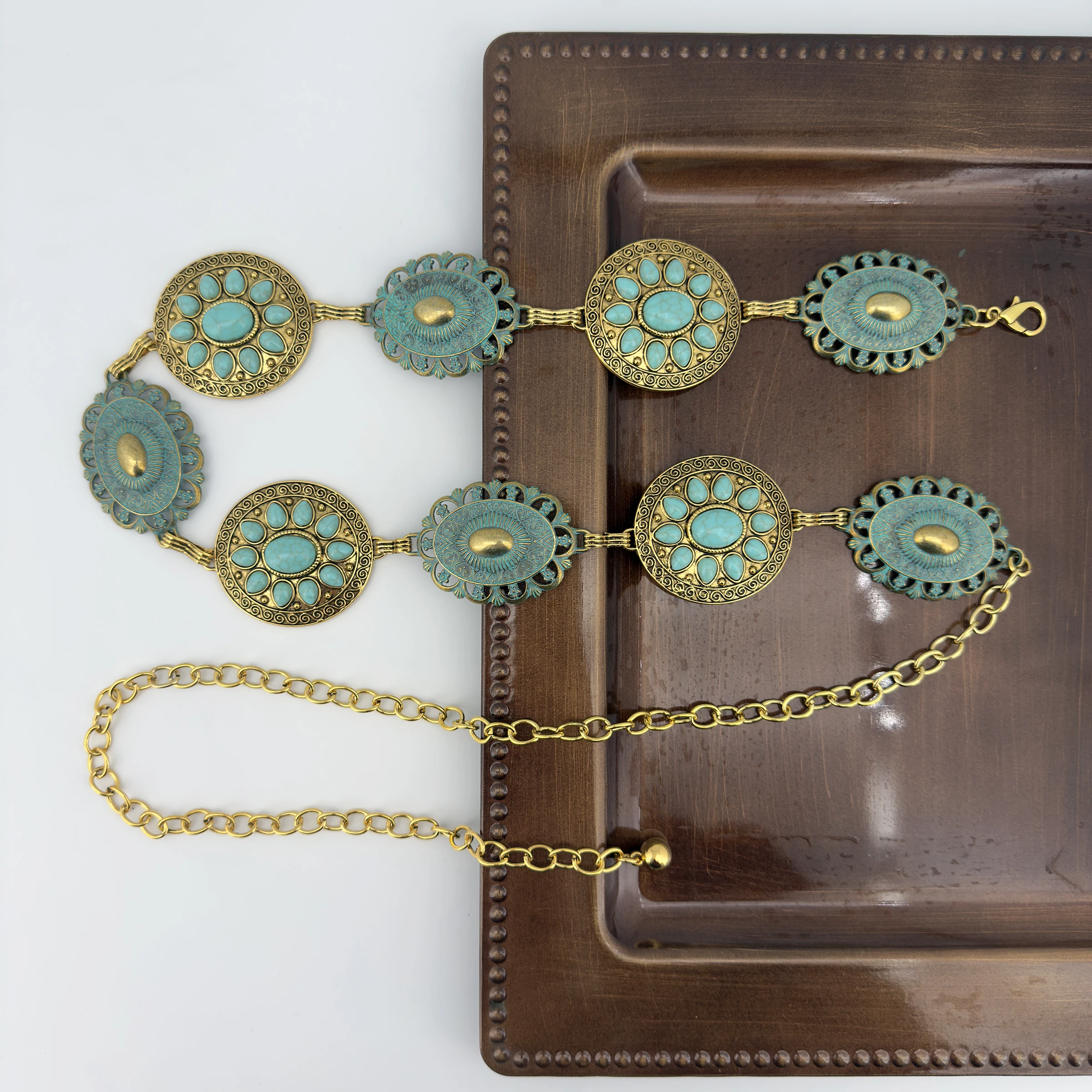 Cross-border Jewelry Turquoise Waist Chain for Women; Fashionable Bohemian Style Zinc Alloy Retro Belt; Versatile and Stylish