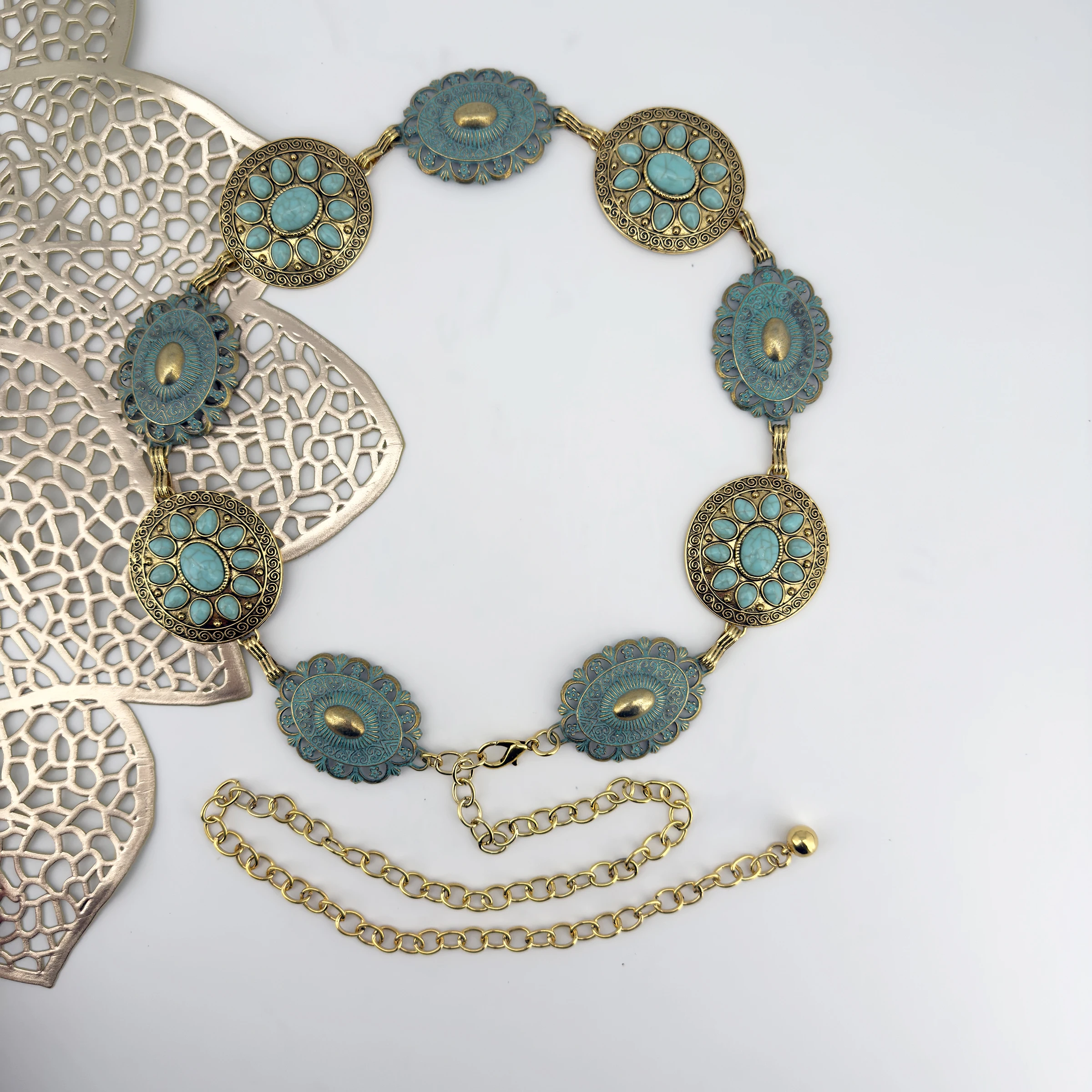 Cross-border Jewelry Turquoise Waist Chain for Women; Fashionable Bohemian Style Zinc Alloy Retro Belt; Versatile and Stylish