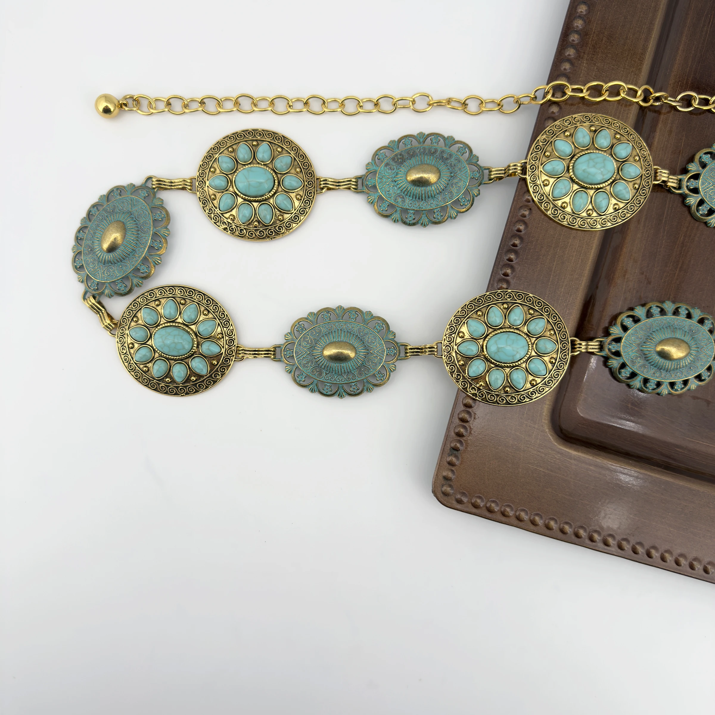 Cross-border Jewelry Turquoise Waist Chain for Women; Fashionable Bohemian Style Zinc Alloy Retro Belt; Versatile and Stylish