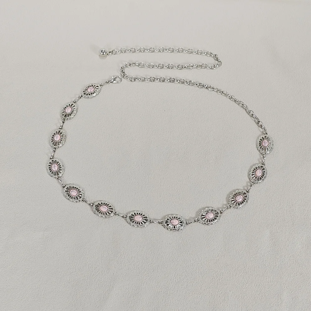 Silver Bohemian Female Metal waist chain Belt luxury Blue Gemstone Ellipse Designer Belts for Women Long Waistband Punk