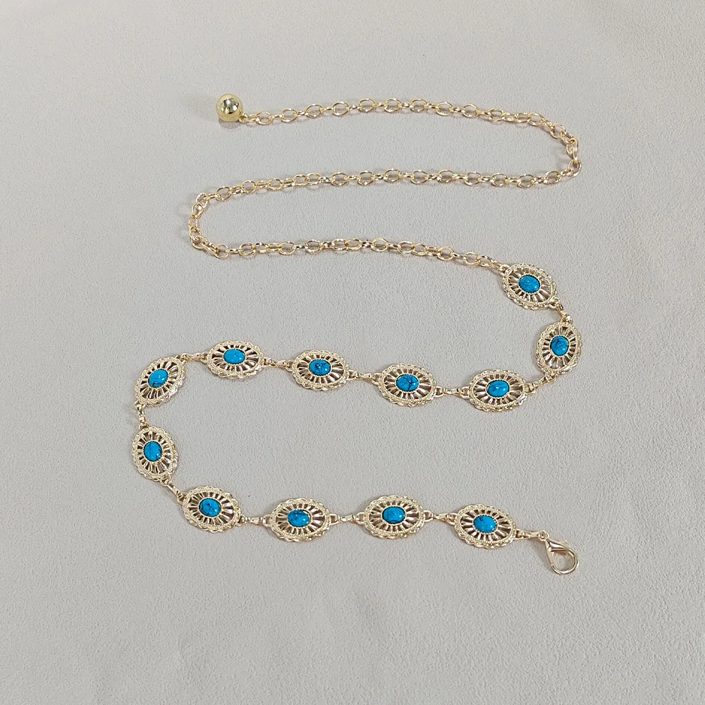 Silver Bohemian Female Metal waist chain Belt luxury Blue Gemstone Ellipse Designer Belts for Women Long Waistband Punk
