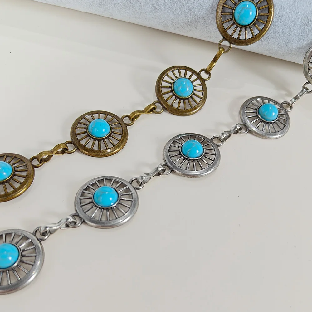 Silver Bohemian Female Metal waist chain Belt luxury Blue Gemstone Ellipse Designer Belts for Women Long Waistband Punk