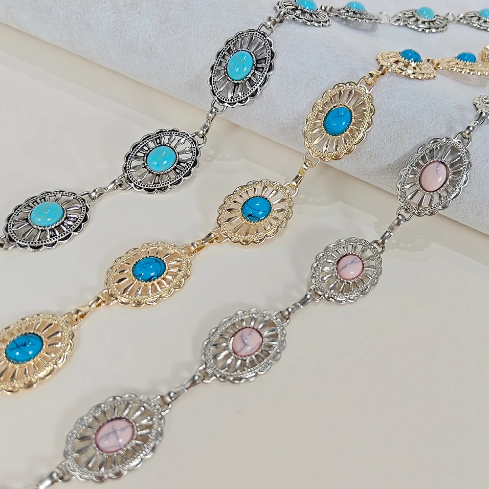 Silver Bohemian Female Metal waist chain Belt luxury Blue Gemstone Ellipse Designer Belts for Women Long Waistband Punk