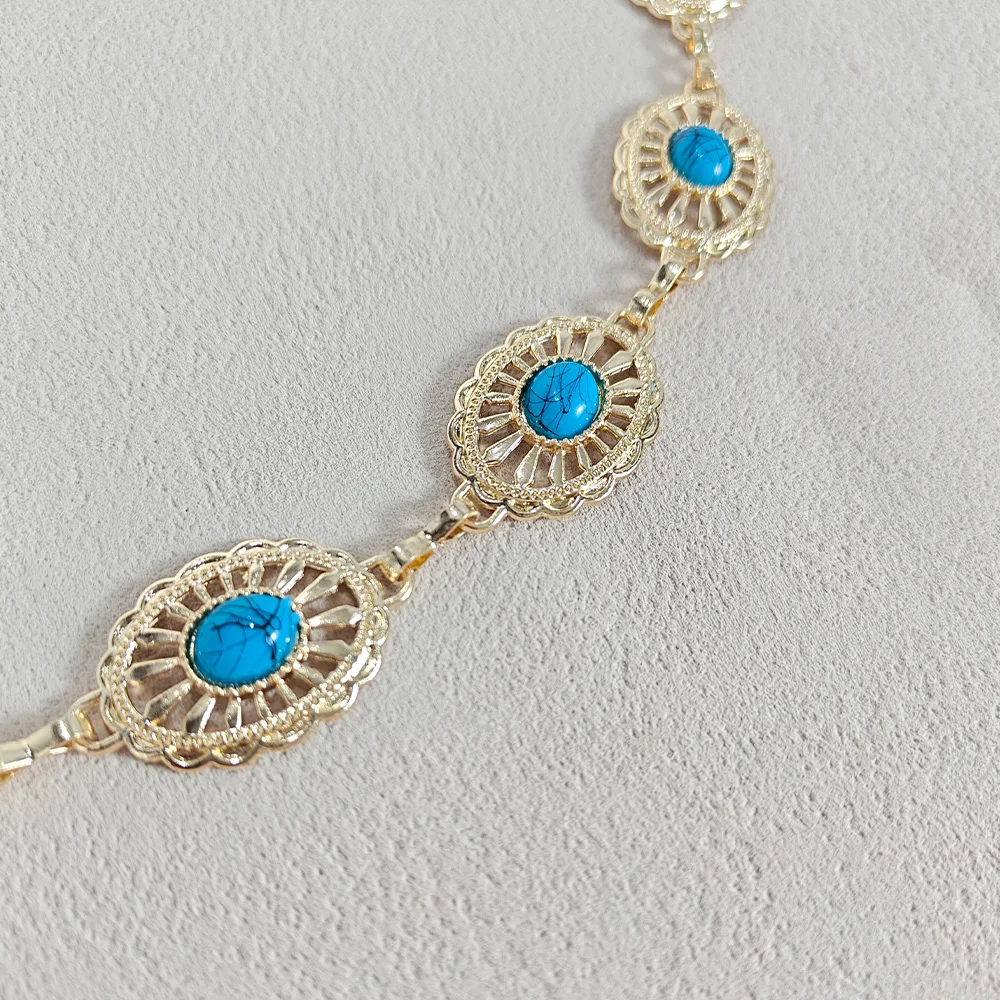 Silver Bohemian Female Metal waist chain Belt luxury Blue Gemstone Ellipse Designer Belts for Women Long Waistband Punk