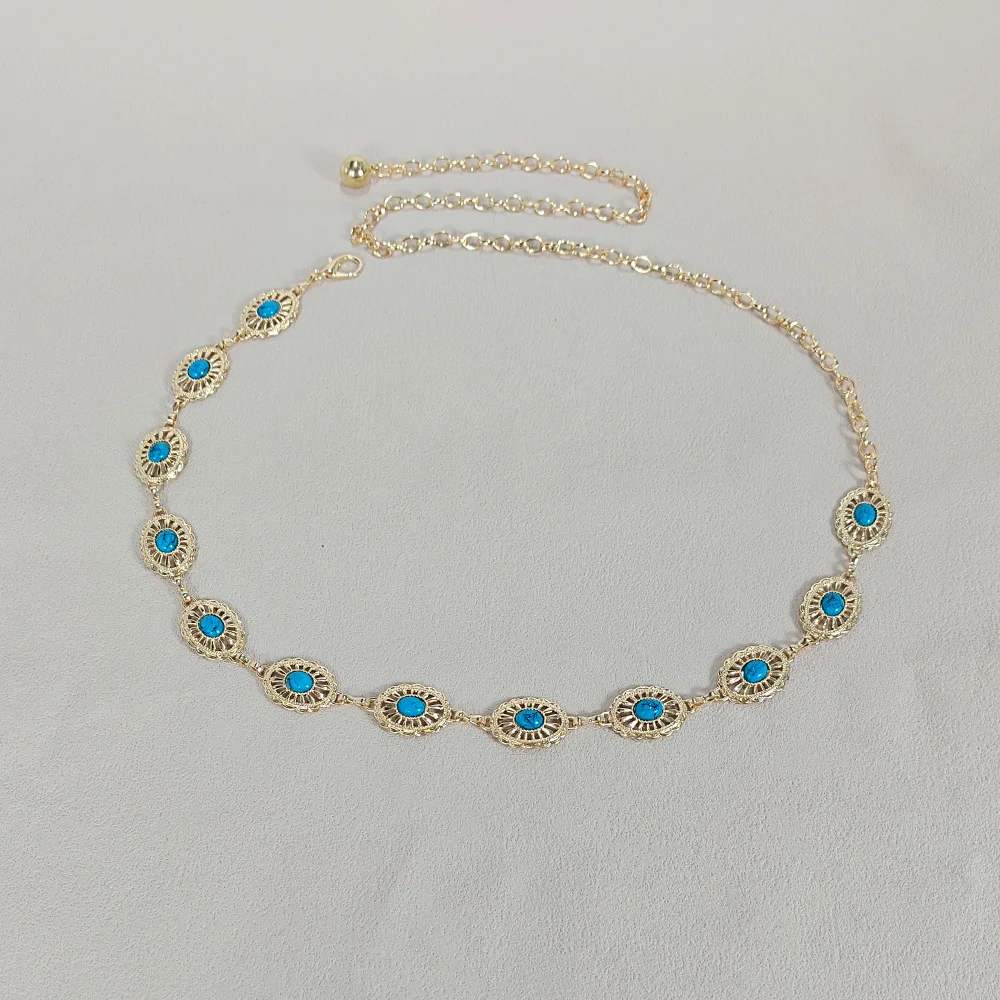 Silver Bohemian Female Metal waist chain Belt luxury Blue Gemstone Ellipse Designer Belts for Women Long Waistband Punk