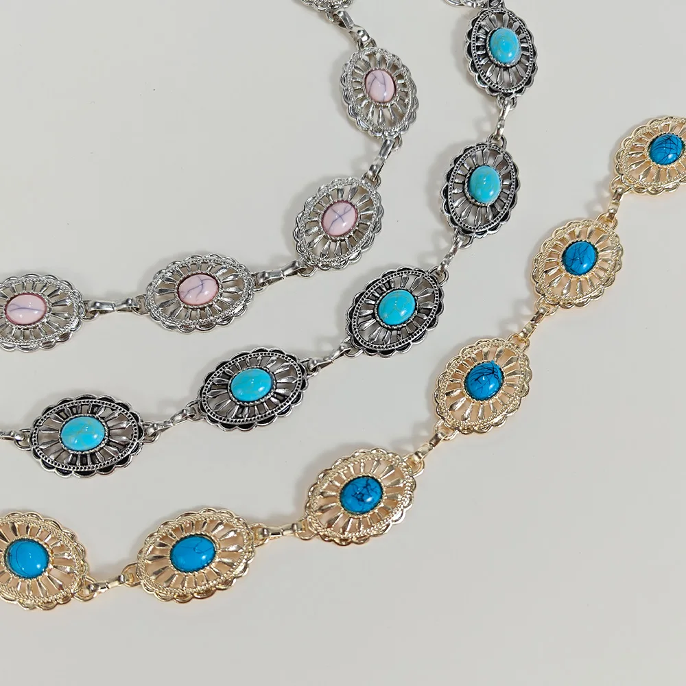 Silver Bohemian Female Metal waist chain Belt luxury Blue Gemstone Ellipse Designer Belts for Women Long Waistband Punk