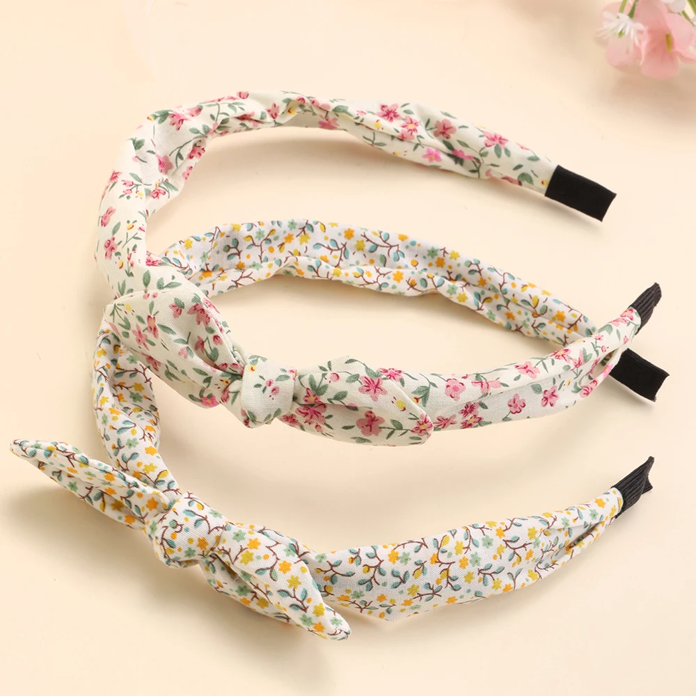 2Pcs Korean Knotted Bow Headbands Sweet Flower Hair Bands Floral Printed Head Hoop For Girls Children Tiara Diadem Accessories