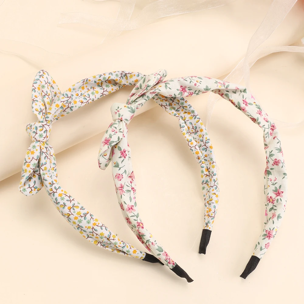 2Pcs Korean Knotted Bow Headbands Sweet Flower Hair Bands Floral Printed Head Hoop For Girls Children Tiara Diadem Accessories