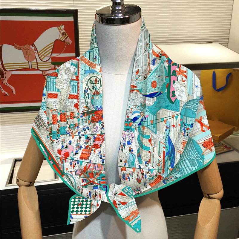 Silk Scarf Women City Street Print Square Scarves Head Echarpes Silk Foulards Femme Wraps Beach Shawl Bandana Lady Hijabs 90CM