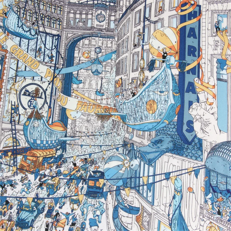 Silk Scarf Women City Street Print Square Scarves Head Echarpes Silk Foulards Femme Wraps Beach Shawl Bandana Lady Hijabs 90CM