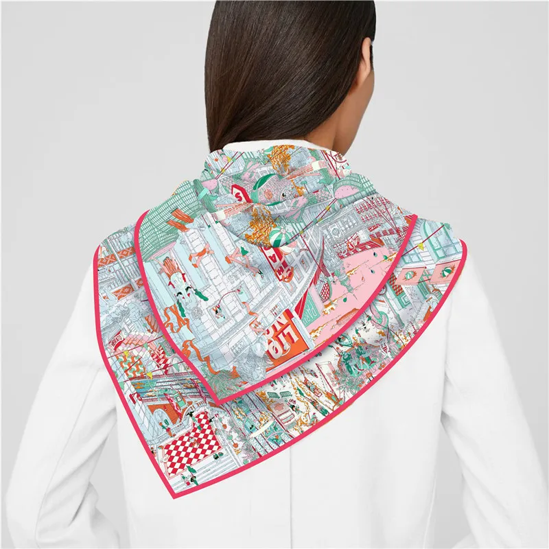 Silk Scarf Women City Street Print Square Scarves Head Echarpes Silk Foulards Femme Wraps Beach Shawl Bandana Lady Hijabs 90CM