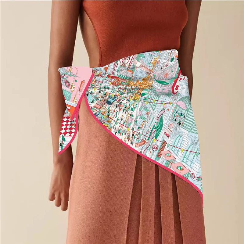 Silk Scarf Women City Street Print Square Scarves Head Echarpes Silk Foulards Femme Wraps Beach Shawl Bandana Lady Hijabs 90CM