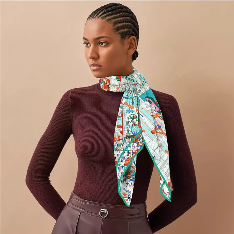 Silk Scarf Women City Street Print Square Scarves Head Echarpes Silk Foulards Femme Wraps Beach Shawl Bandana Lady Hijabs 90CM