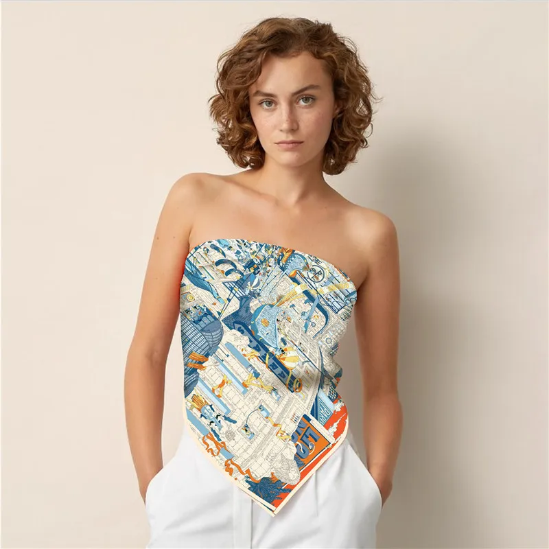 Silk Scarf Women City Street Print Square Scarves Head Echarpes Silk Foulards Femme Wraps Beach Shawl Bandana Lady Hijabs 90CM